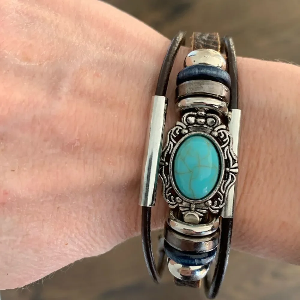 Rugged Western Boho Multi-Strand Bracelet, Faux Turquoise & Brown Leather